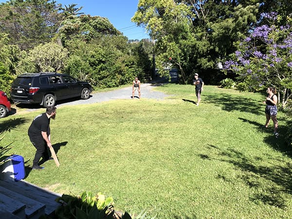 Wide shot of backyard with team playing cricket