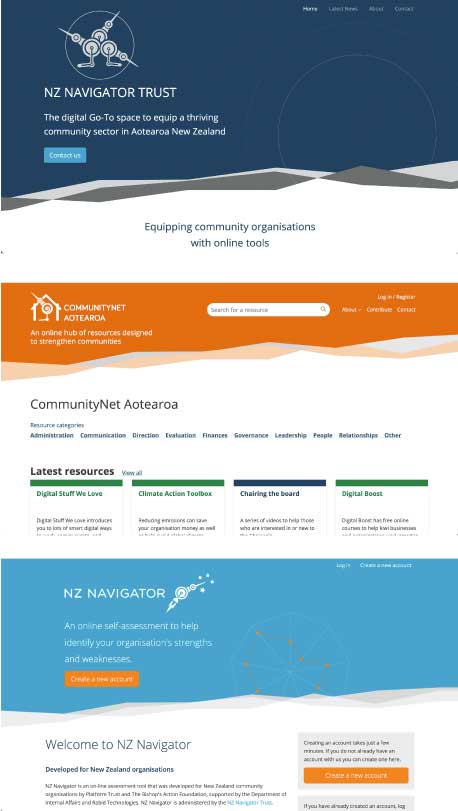 Three screenshots of home pages for NZ Navigator Trust, CommunityNet and NZ Navigator App.