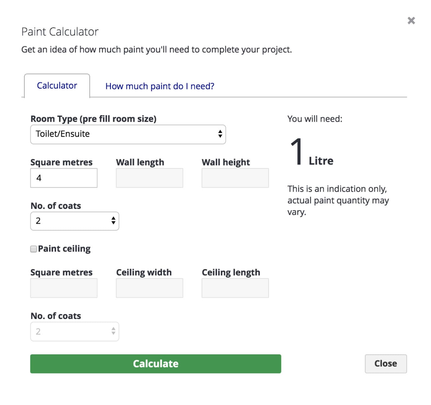 Example of the paint calculator